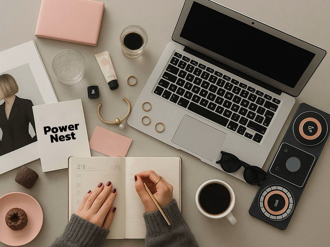 PowerNest workspace flat lay with laptop, notebook, coffee and modern phone accessories on a neutral desk