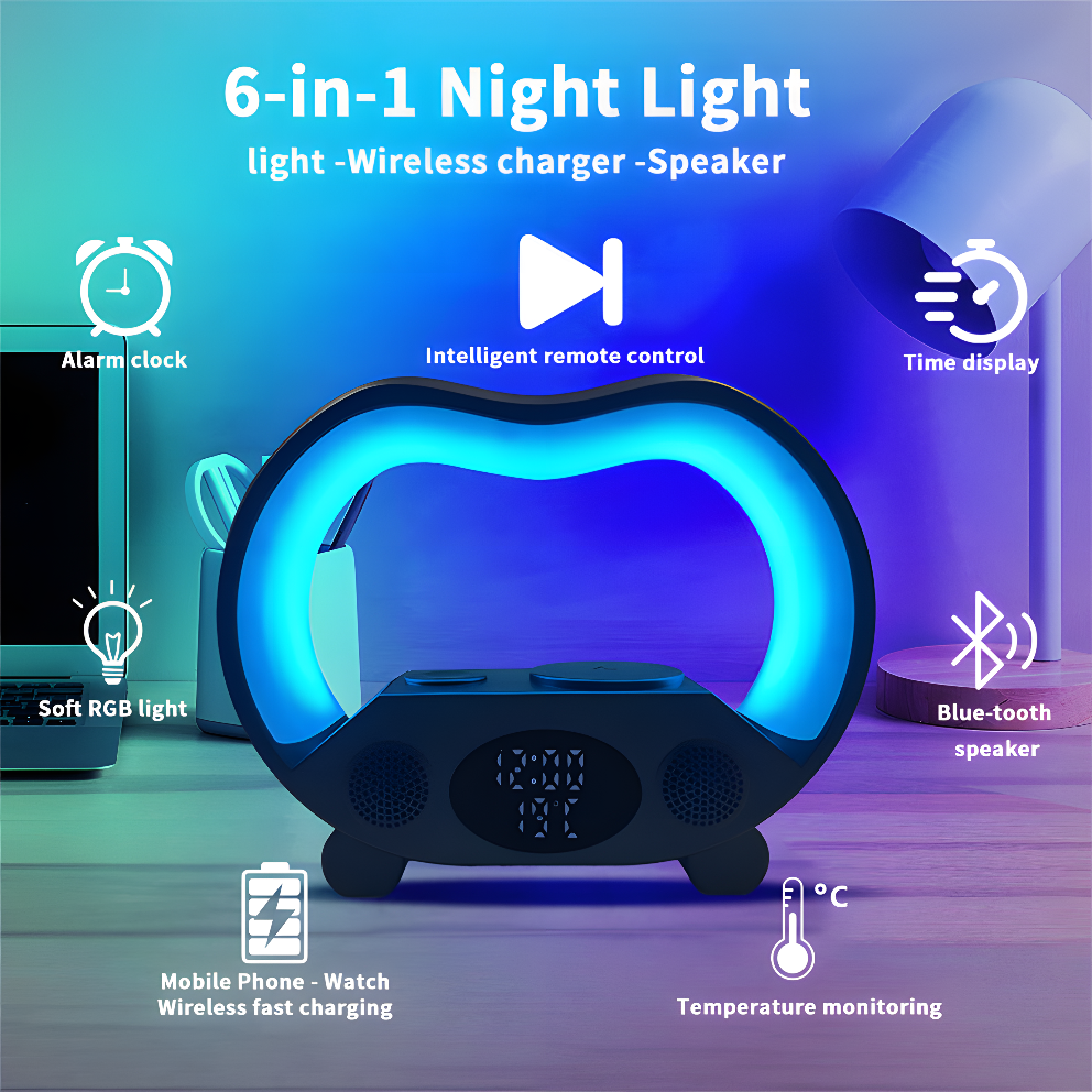 Multi-Function ZenGlow Light – 6 in 1 Wireless Charger, Bluetooth Speaker & Alarm Clock