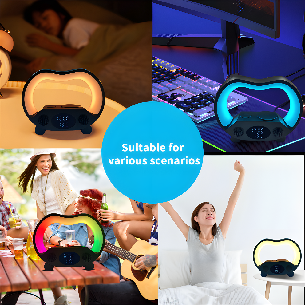 Multi-Function ZenGlow Light – 6 in 1 Wireless Charger, Bluetooth Speaker & Alarm Clock