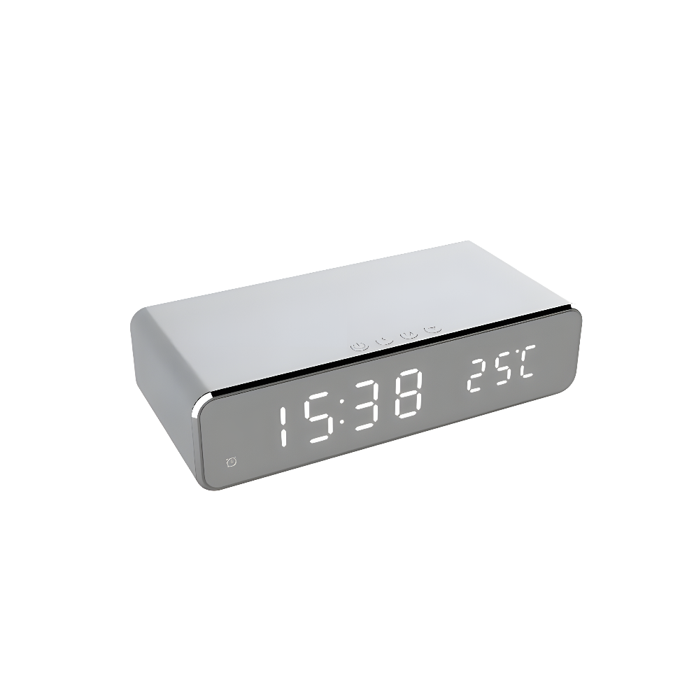 LumiCharge Mirror Clock – LED Alarm with Wireless Phone Charger, Thermometer & Stylish HD Display