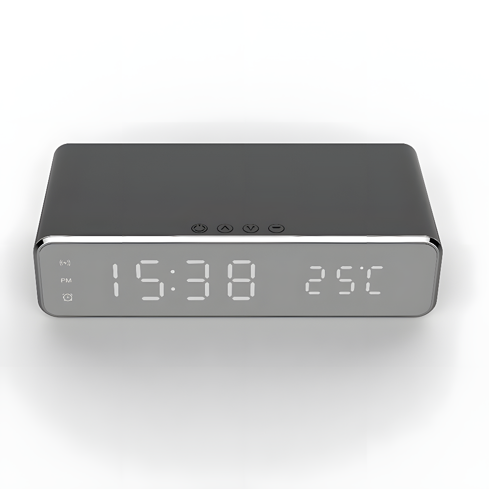 LumiCharge Mirror Clock – LED Alarm with Wireless Phone Charger, Thermometer & Stylish HD Display
