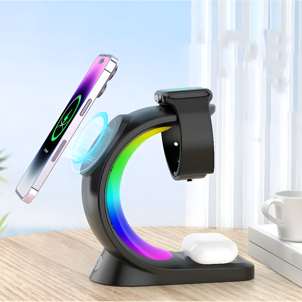 Aurora Arc – 4 in 1 Magnetic RGB Charging Dock for iPhone, AirPods & Watch