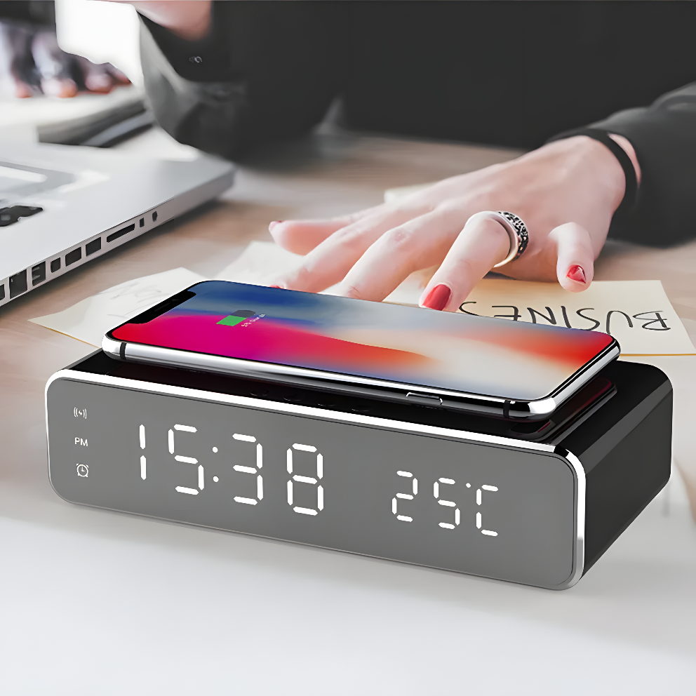LumiCharge Mirror Clock – LED Alarm with Wireless Phone Charger, Thermometer & Stylish HD Display