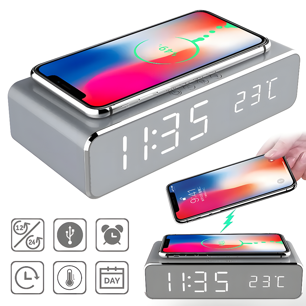 LumiCharge Mirror Clock – LED Alarm with Wireless Phone Charger, Thermometer & Stylish HD Display
