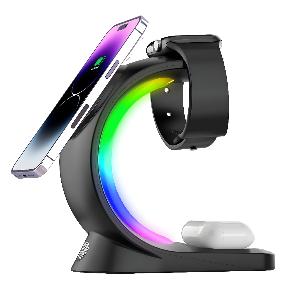 Aurora Arc – 4 in 1 Magnetic RGB Charging Dock for iPhone, AirPods & Watch