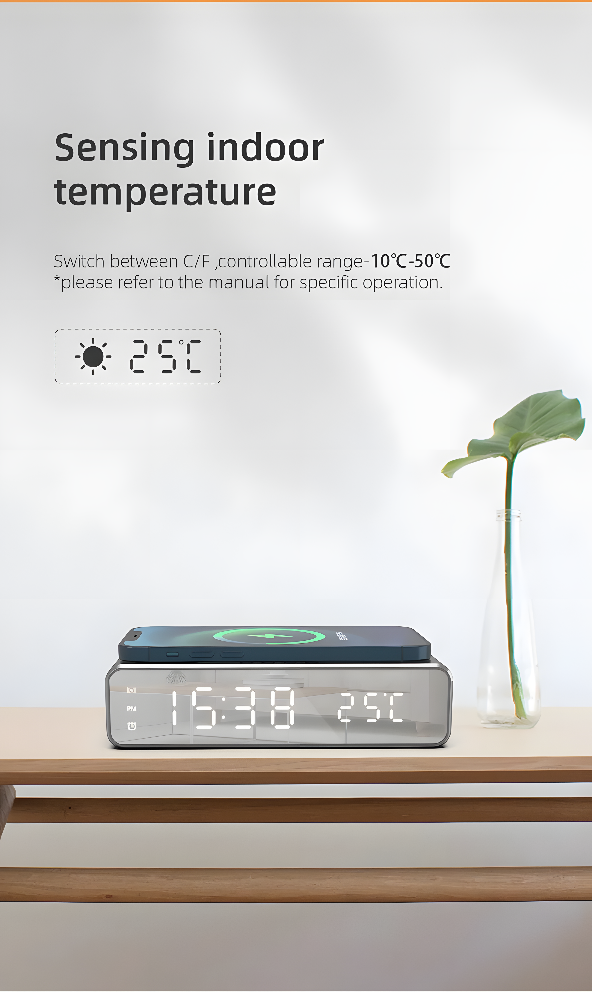 LumiCharge Mirror Clock – LED Alarm with Wireless Phone Charger, Thermometer & Stylish HD Display