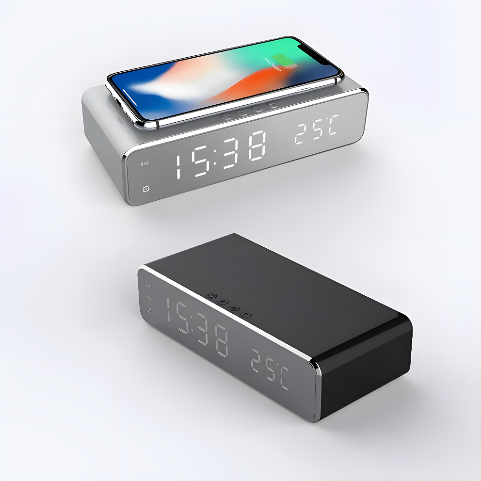 LumiCharge Mirror Clock – LED Alarm with Wireless Phone Charger, Thermometer & Stylish HD Display