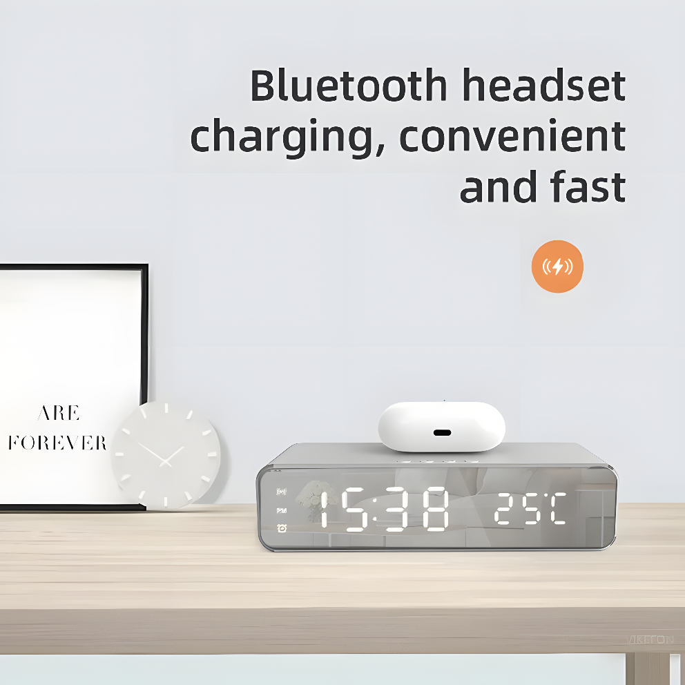 LumiCharge Mirror Clock – LED Alarm with Wireless Phone Charger, Thermometer & Stylish HD Display