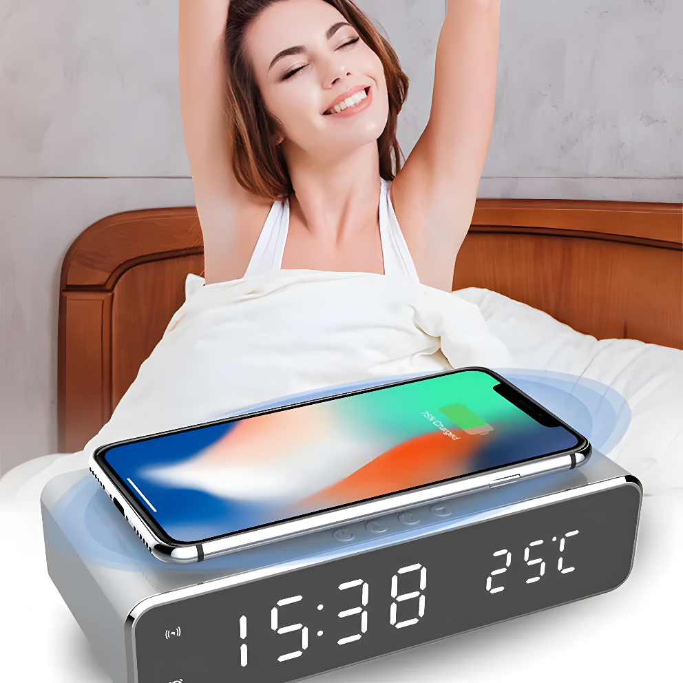 LumiCharge Mirror Clock – LED Alarm with Wireless Phone Charger, Thermometer & Stylish HD Display