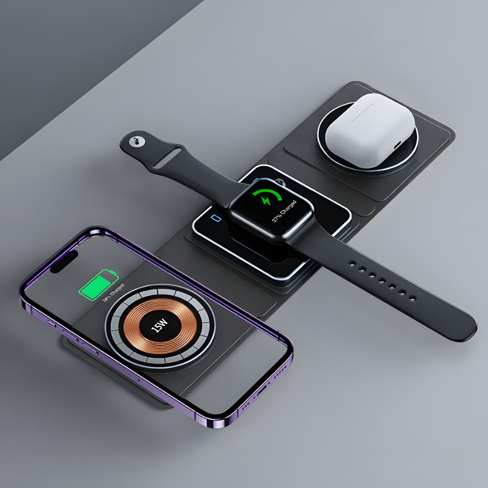 PowerNest TrioMag – Foldable Transparent  15W Wireless Charging Station